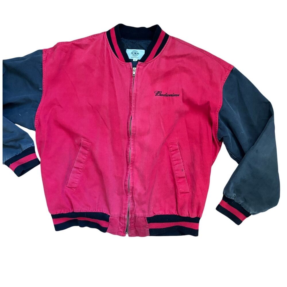 intage 90s Budweiser Beer Varsity Bomber Jacket Red Black XL Streetwear Oversize